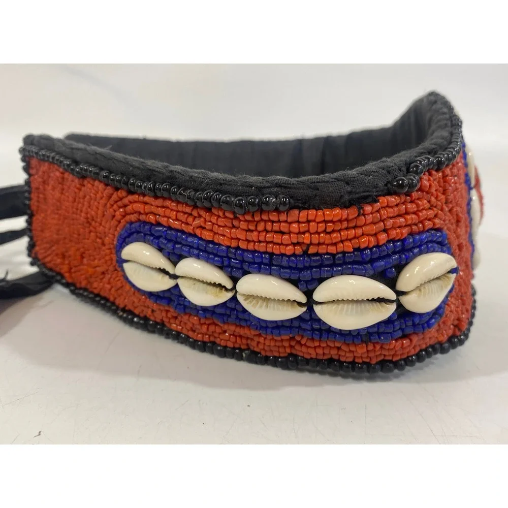Tribal Beaded Festival Cowrie Shell Belt Orange Blue Bead Boho Medallion Tie